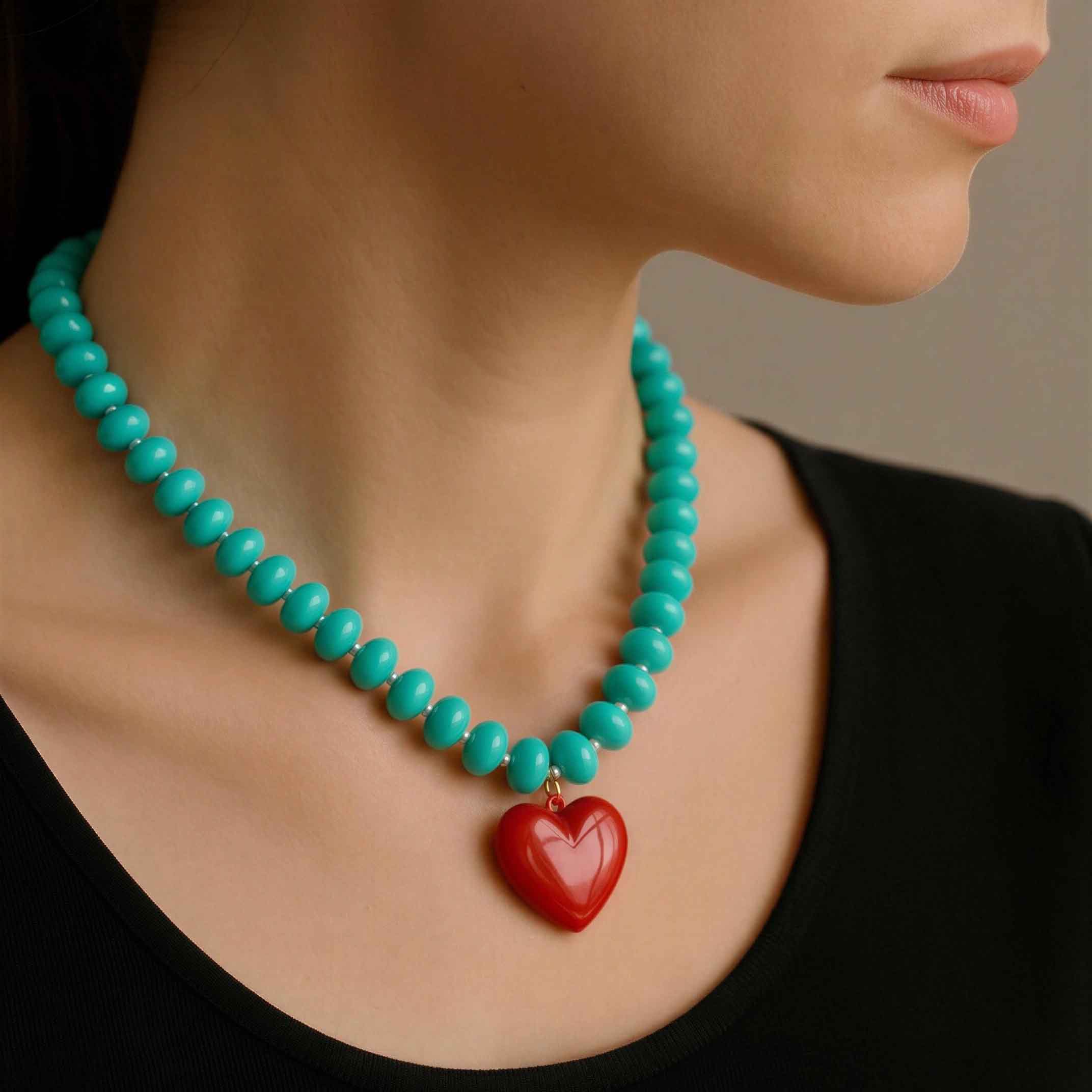 Collar Cuentas Azul Turquesa Corazón Rojo